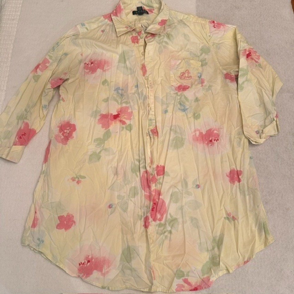 Lauren Ralph Lauren Floral Button Down Shirt Womens XL Yellow Pink Cotton Summer